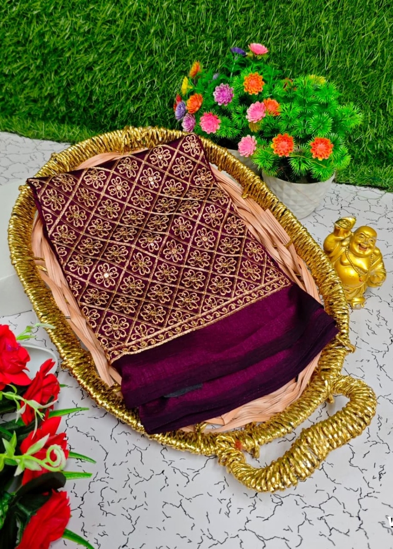 Luxurious heavy work blouse fabric with floral goldwork jaal border - WINE COLOUR (5)