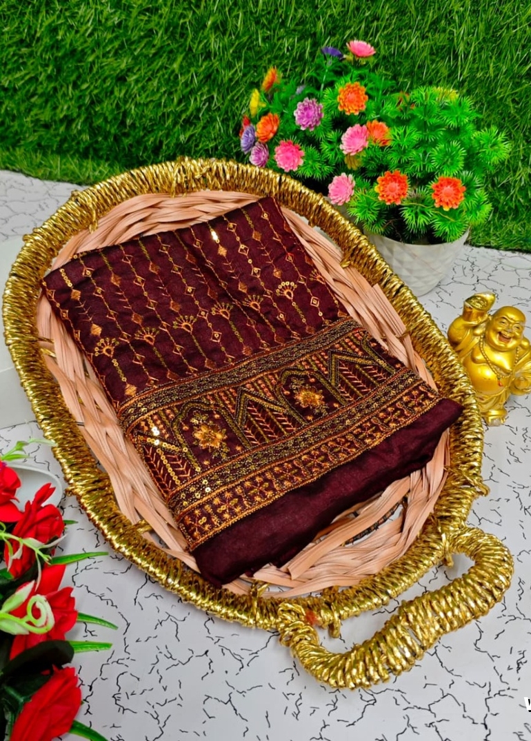 Luxurious heavy work blouse fabric with floral goldwork jaal border - MAROON COLOR (4)