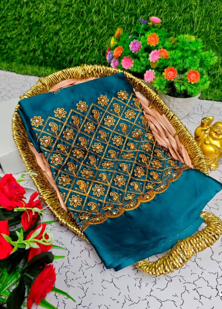 Luxurious heavy work blouse fabric with floral goldwork jaal border - TEAL COLOUR (1)