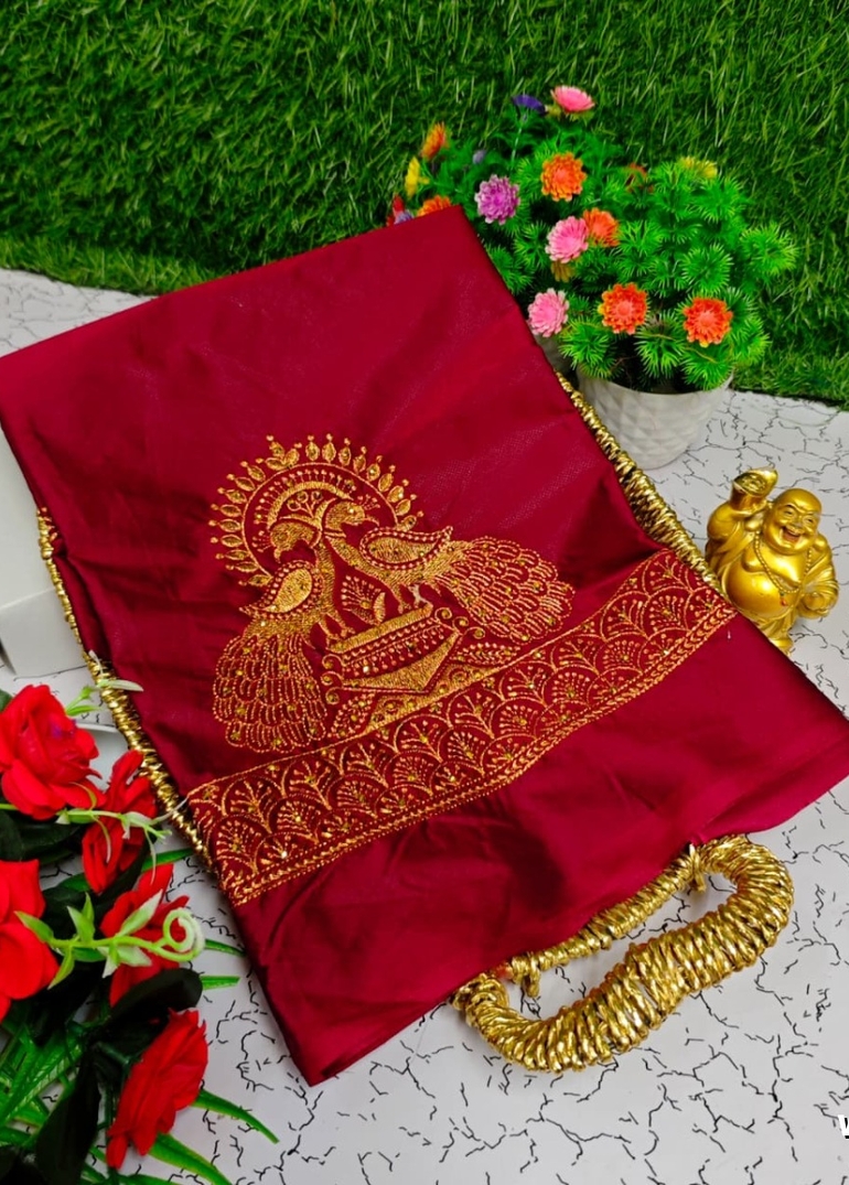 Luxurious heavy work blouse fabric with floral goldwork jaal border - MERUN (11)