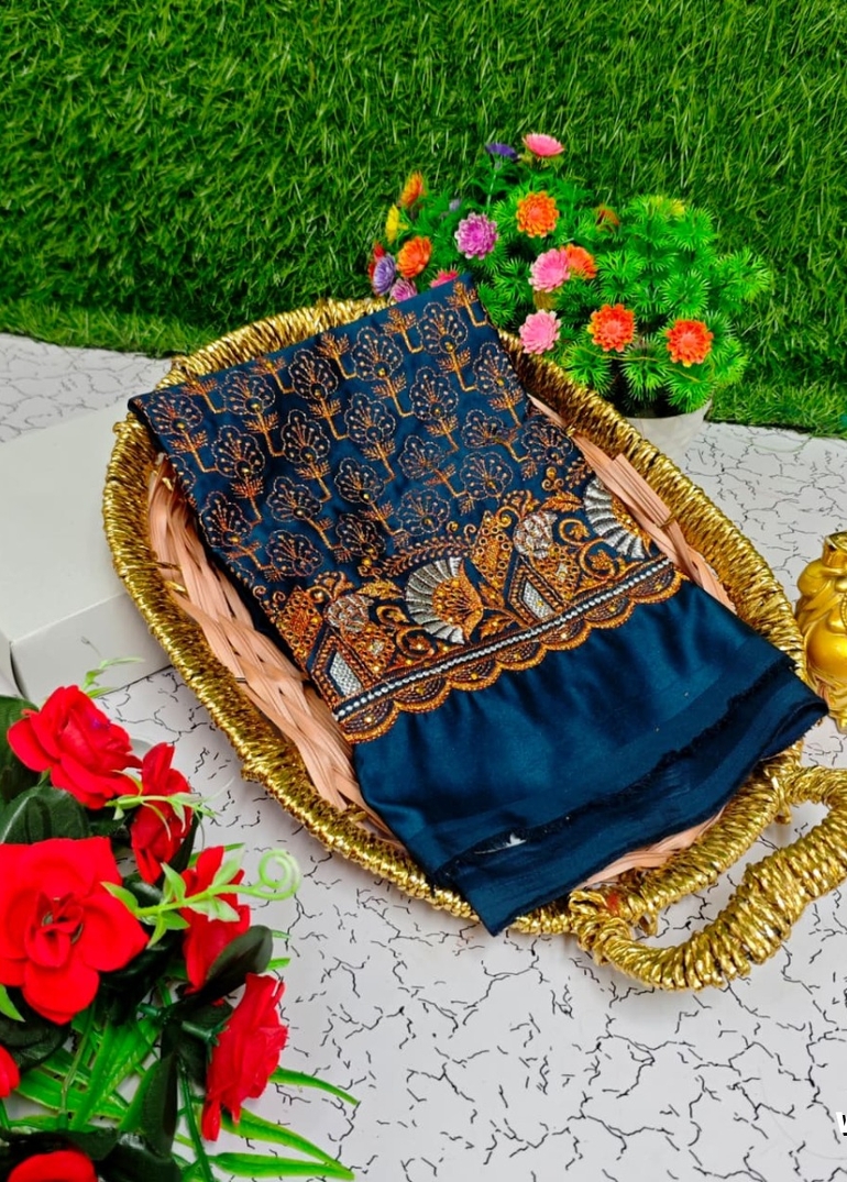 Luxurious heavy work blouse fabric with floral goldwork jaal border - PEACKOK BLUE (6)