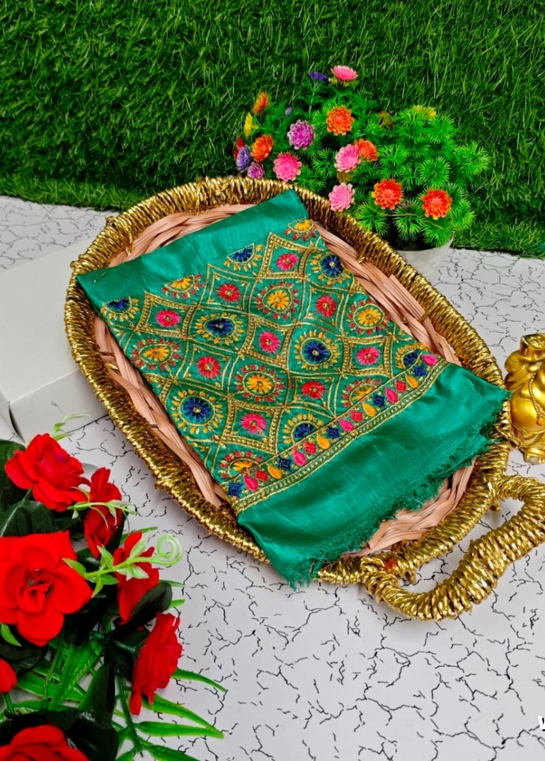 Luxurious heavy work blouse fabric with floral goldwork jaal border - TURQUOISE GREEN