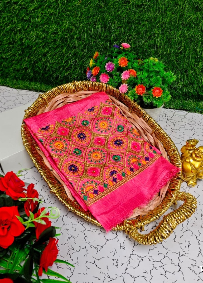 Luxurious heavy work blouse fabric with floral goldwork jaal border - LIGHT PINK (1)