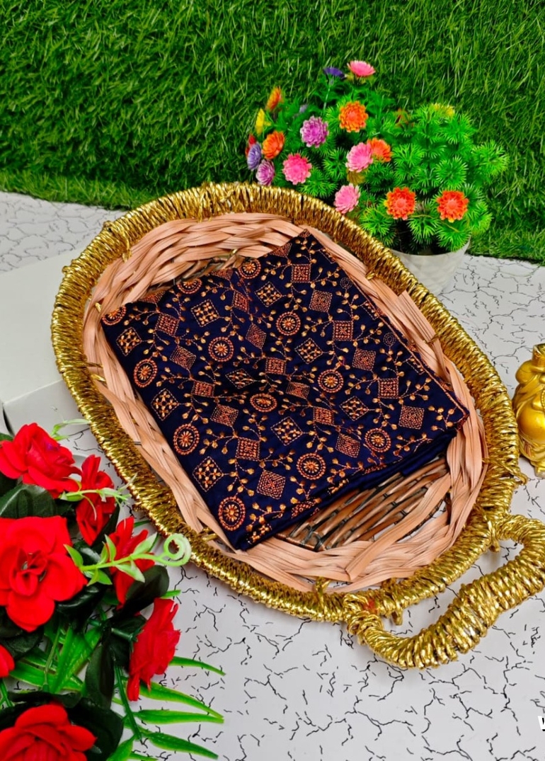 Luxurious heavy work blouse fabric with floral goldwork jaal border - R BLUE (6)