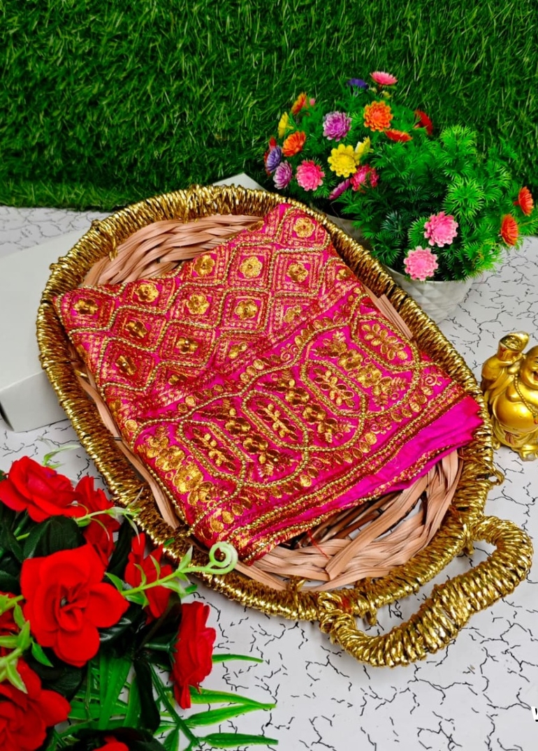 Luxurious heavy work blouse fabric with floral goldwork jaal border - DARK PINK (15)