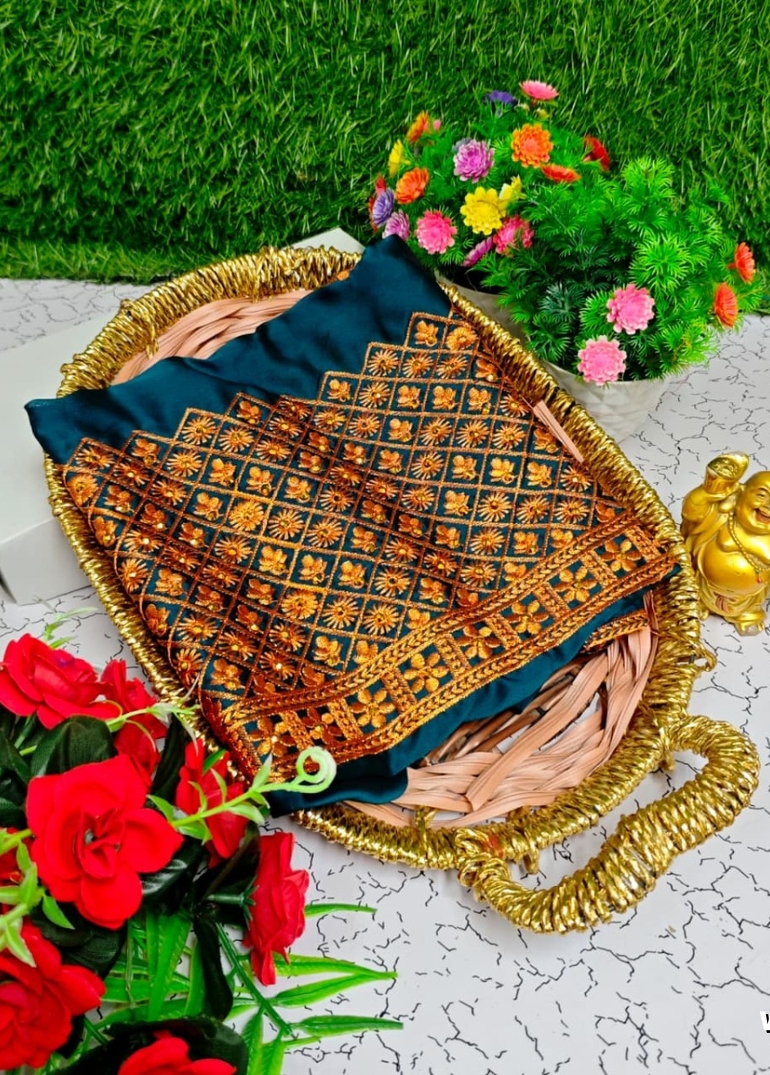 Luxurious heavy work blouse fabric with floral goldwork jaal border - PEACOCK GREEN (2)