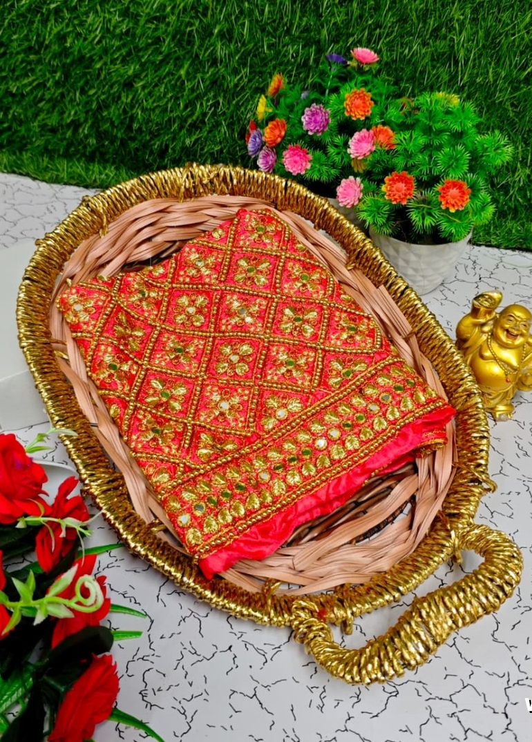 Luxurious heavy work blouse fabric with floral goldwork jaal border - PEACH (4)