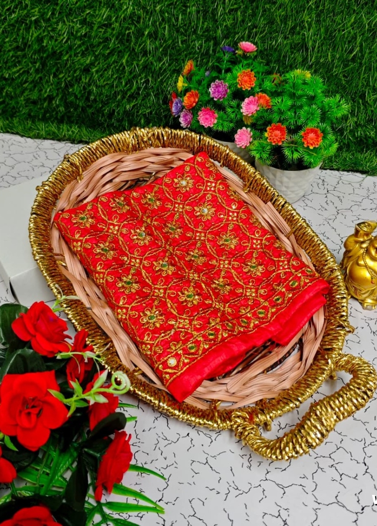 Luxurious heavy work blouse fabric with floral goldwork jaal border - RED (13)