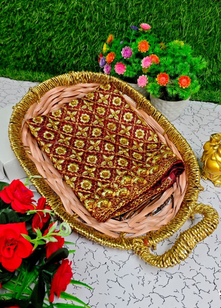 Luxurious heavy work blouse fabric with floral goldwork jaal border - MAROON COLOR (5)