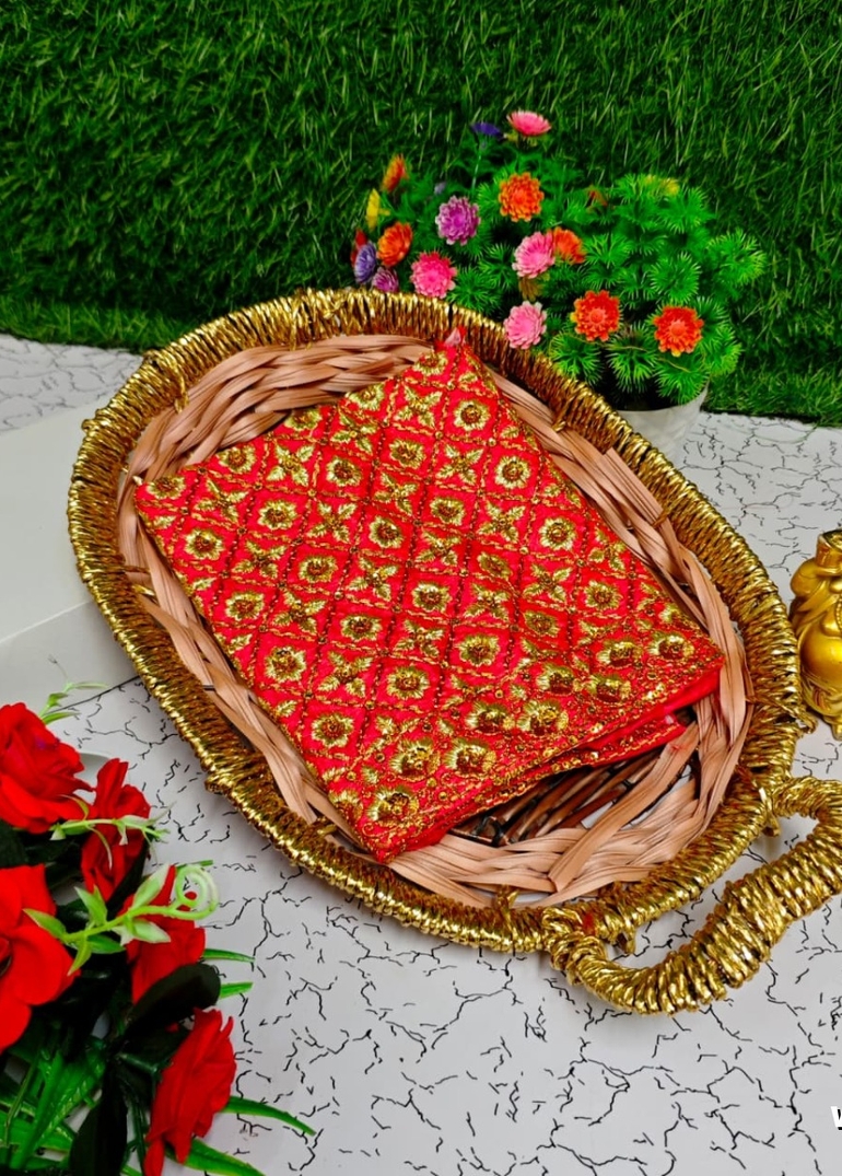 Luxurious heavy work blouse fabric with floral goldwork jaal border - CORAL COLOUR (1)