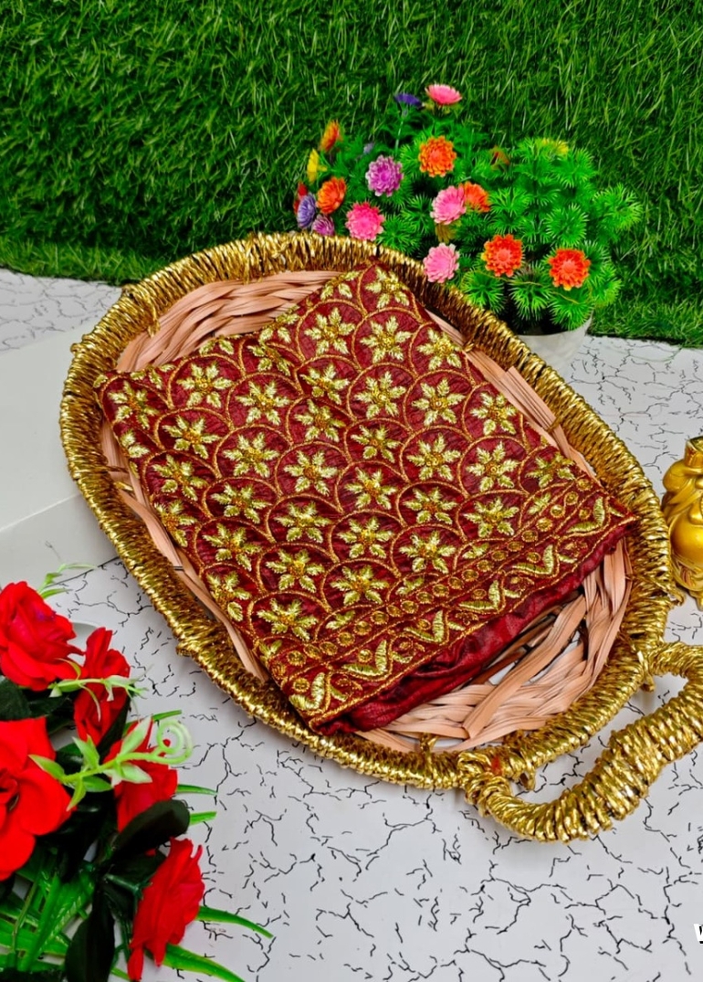 Luxurious heavy work blouse fabric with floral goldwork jaal border - MERUN (12)