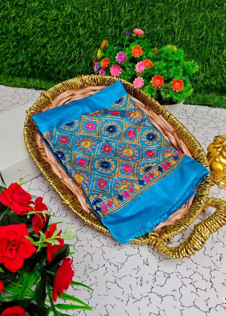 Luxurious heavy work blouse fabric with floral goldwork jaal border - DARK SKY BLUE (2)