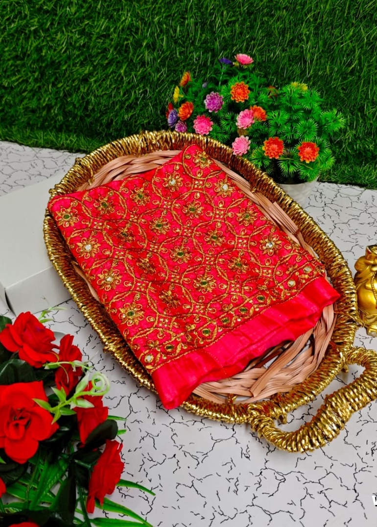 Luxurious heavy work blouse fabric with floral goldwork jaal border - TOMATO COLOUR