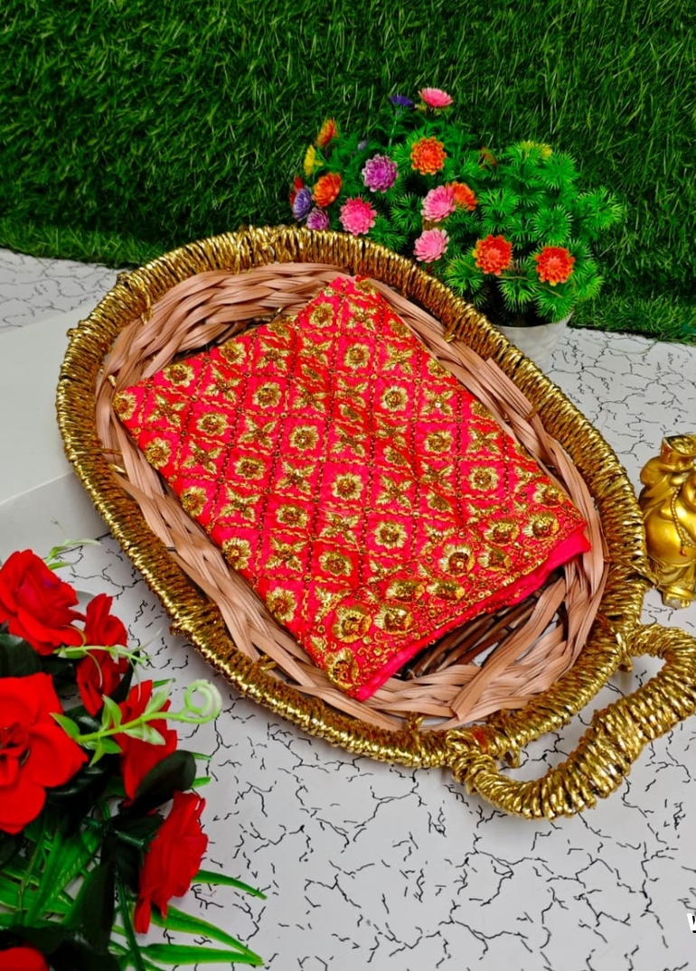 Luxurious heavy work blouse fabric with floral goldwork jaal border - ORANGE N