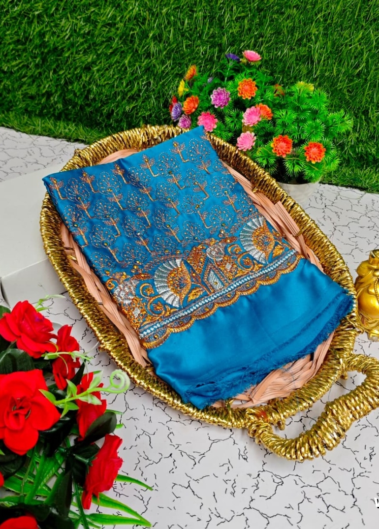 Luxurious heavy work blouse fabric with floral goldwork jaal border - BLUE COLOUR (5)