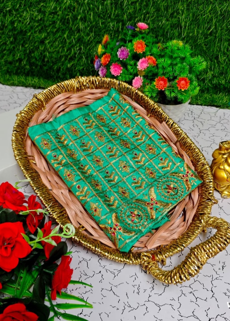 Luxurious heavy work blouse fabric with floral goldwork jaal border - EMERALD COLOUR (2)
