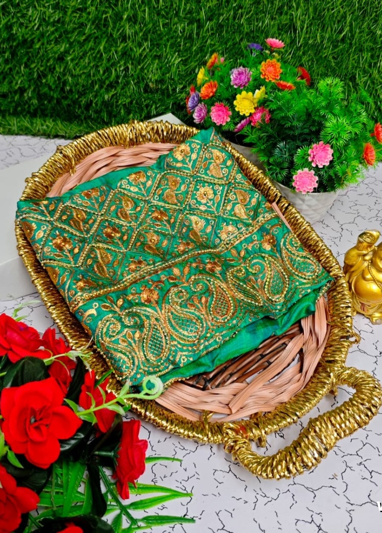 Luxurious heavy work blouse fabric with floral goldwork jaal border - LIGHT GREEN SHADE