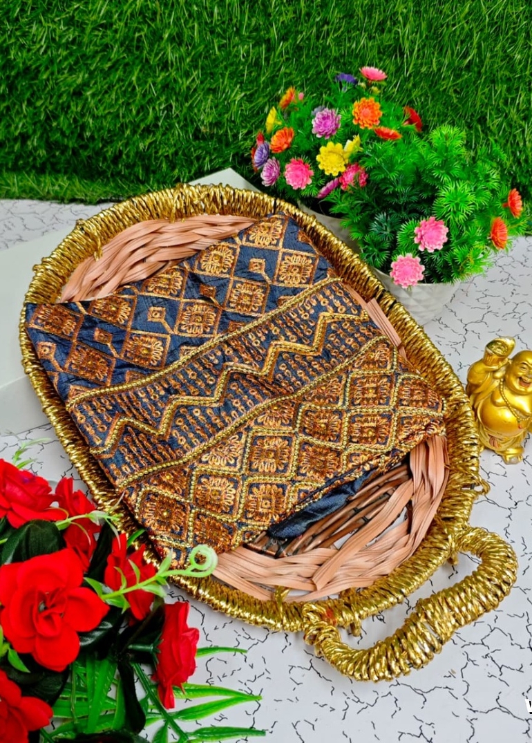 Luxurious heavy work blouse fabric with floral goldwork jaal border - GRAY (6)