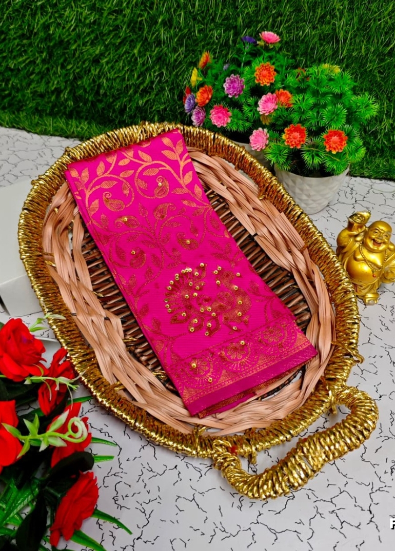 Designer Multi-Color Floral Print Blouse Fabric - DARK PINK (5)