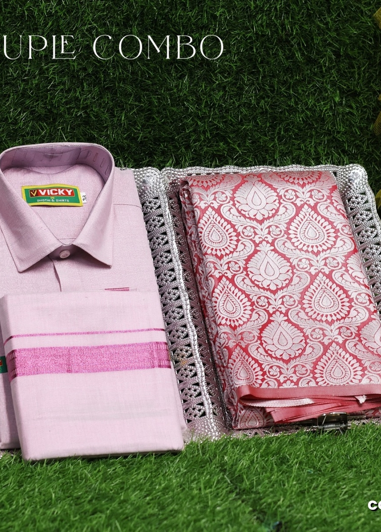 Elegant Tissue Dhoti Shirt & Saree Couple Combo coordinated look for special occasions - BABY PINK (14)