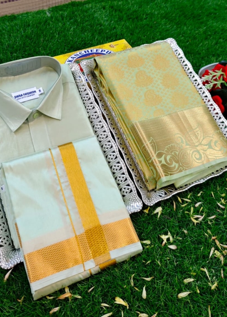 Elegant Silk Dhoti Shirt & Saree Couple Combo coordinated look for special occasions - LIGHT GREEN