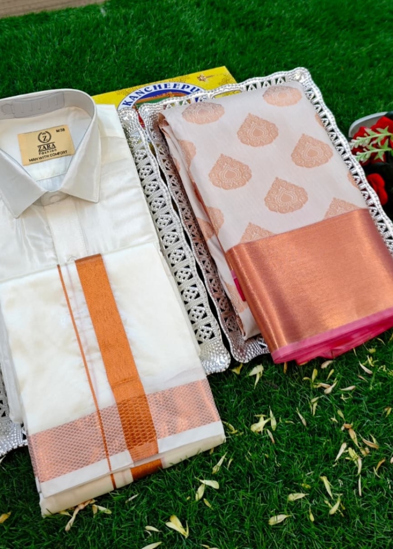Elegant Silk Dhoti Shirt & Saree Couple Combo coordinated look for special occasions - BEIGE COLOUR