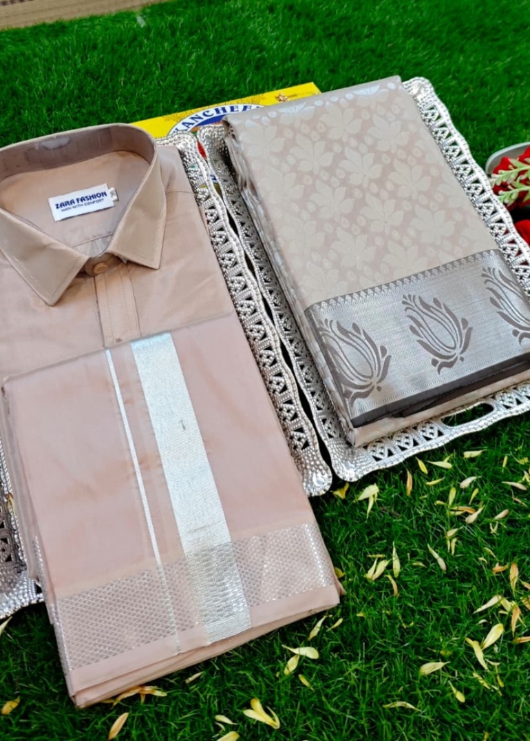 Elegant Silk Dhoti Shirt & Saree Couple Combo coordinated look for special occasions - CHOCOLATE COLOR