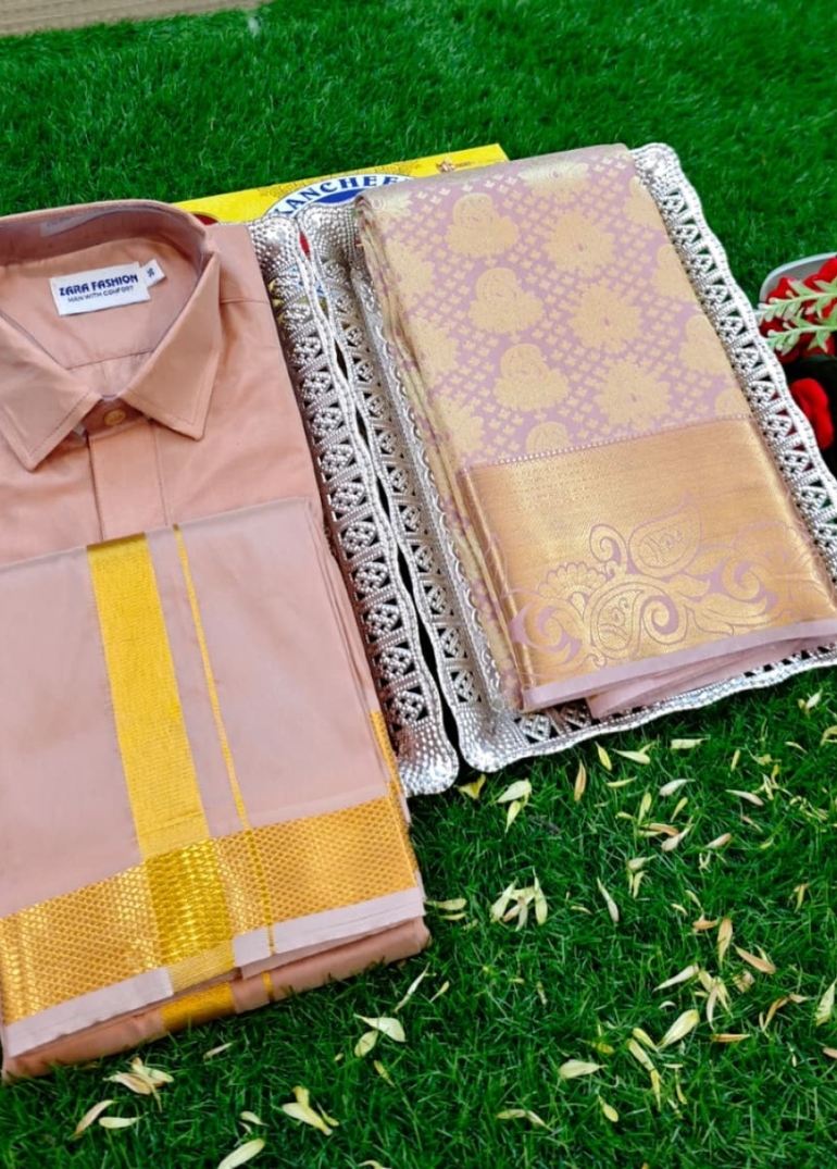 Elegant Silk Dhoti Shirt & Saree Couple Combo coordinated look for special occasions - CREAM COLOR