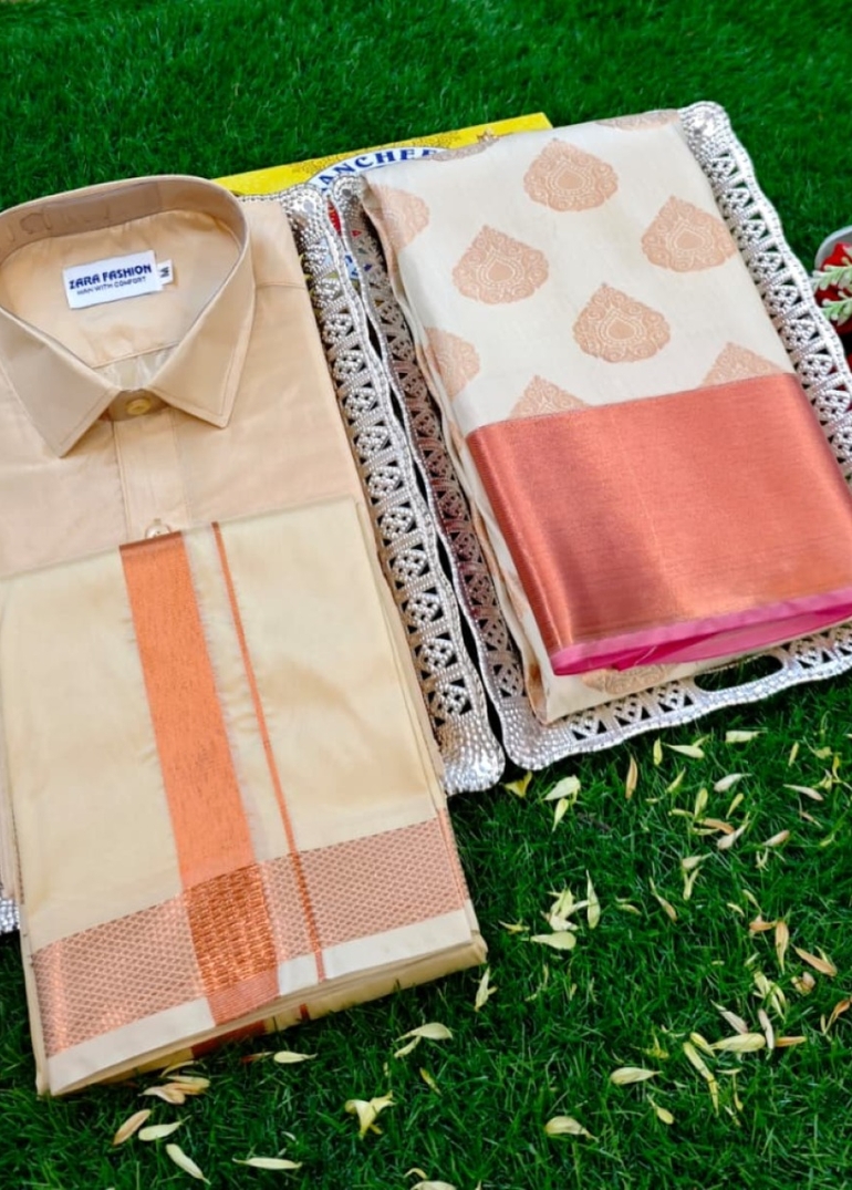 Elegant Silk Dhoti Shirt & Saree Couple Combo coordinated look for special occasions - SANDLE