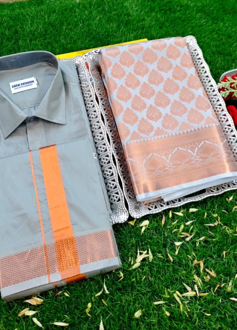 Elegant Silk Dhoti Shirt & Saree Couple Combo coordinated look for special occasions - GRAY