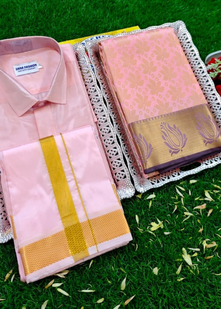 Elegant Silk Dhoti Shirt & Saree Couple Combo coordinated look for special occasions - BABY PINK