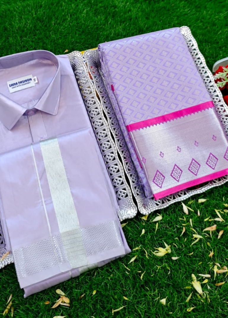 Elegant Silk Dhoti Shirt & Saree Couple Combo coordinated look for special occasions - LEVENDOR