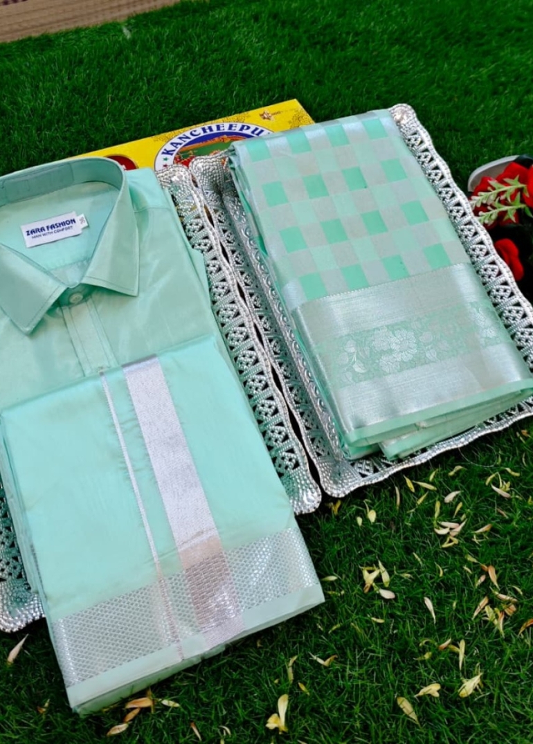 Elegant Silk Dhoti Shirt & Saree Couple Combo coordinated look for special occasions - REXONA (1)