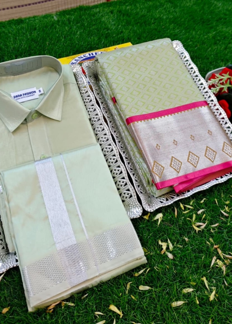 Elegant Silk Dhoti Shirt & Saree Couple Combo coordinated look for special occasions - LIGHT GREEN (1)