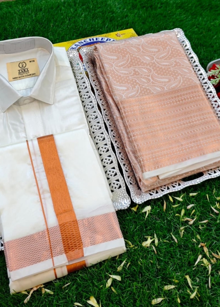 Elegant Silk Dhoti Shirt & Saree Couple Combo coordinated look for special occasions - BEIGE COLOUR (1)