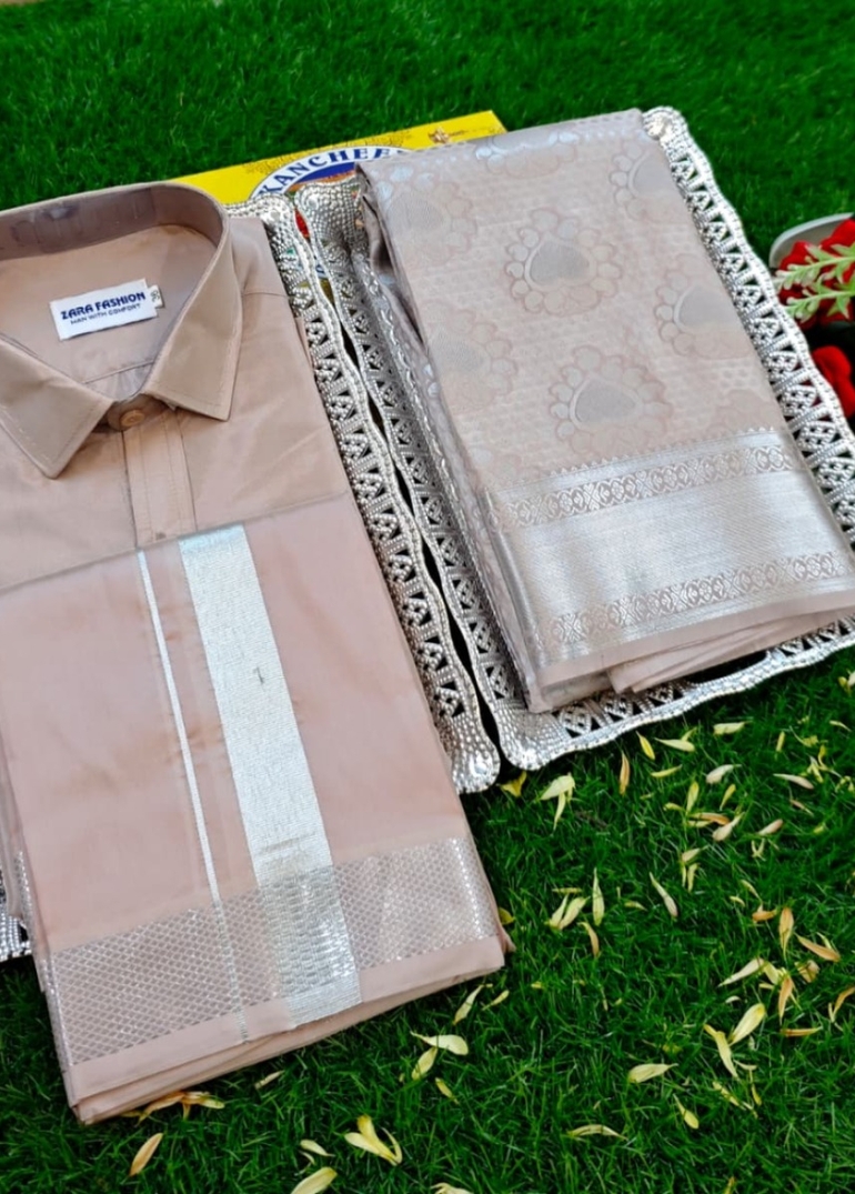 Elegant Silk Dhoti Shirt & Saree Couple Combo coordinated look for special occasions - CHOCOLATE COLOR (1)