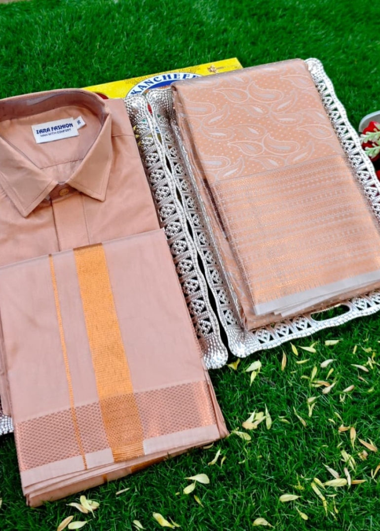 Elegant Silk Dhoti Shirt & Saree Couple Combo coordinated look for special occasions - CREAM COLOR (1)