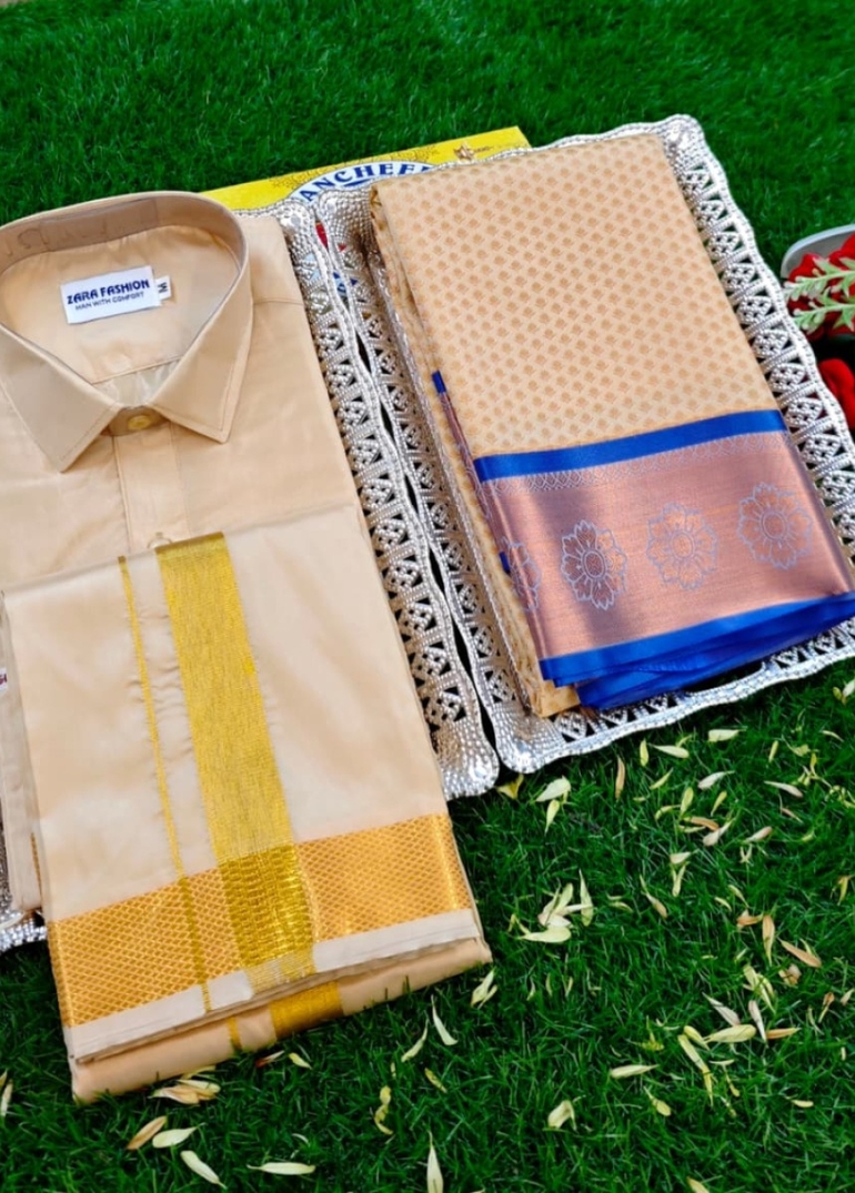 Elegant Silk Dhoti Shirt & Saree Couple Combo coordinated look for special occasions - SANDLE (1)