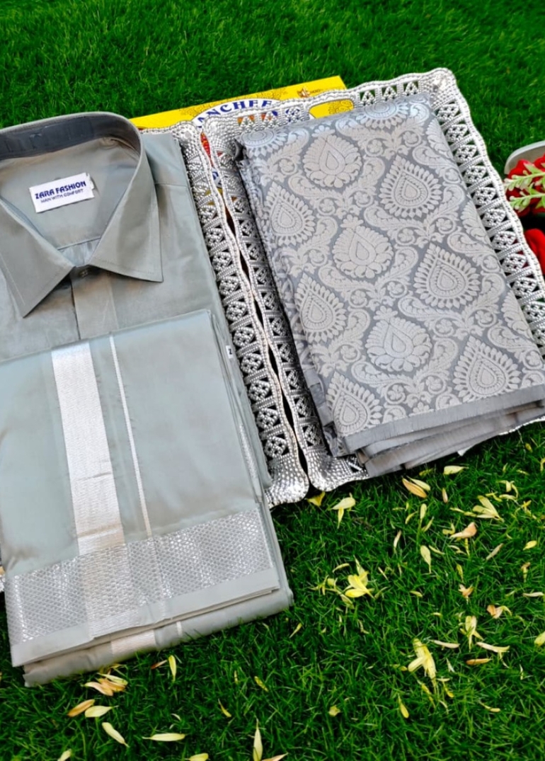 Elegant Silk Dhoti Shirt & Saree Couple Combo coordinated look for special occasions - GRAY (1)