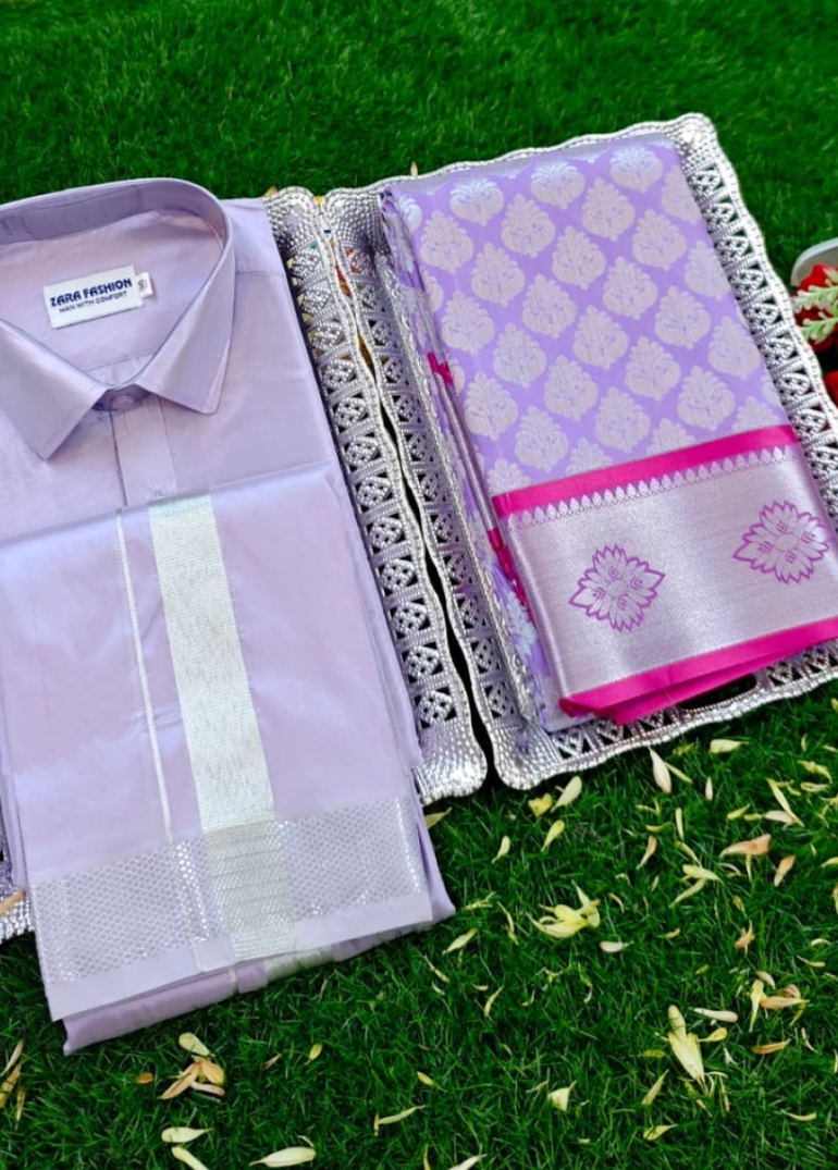 Elegant Silk Dhoti Shirt & Saree Couple Combo coordinated look for special occasions - LEVENDOR (1)