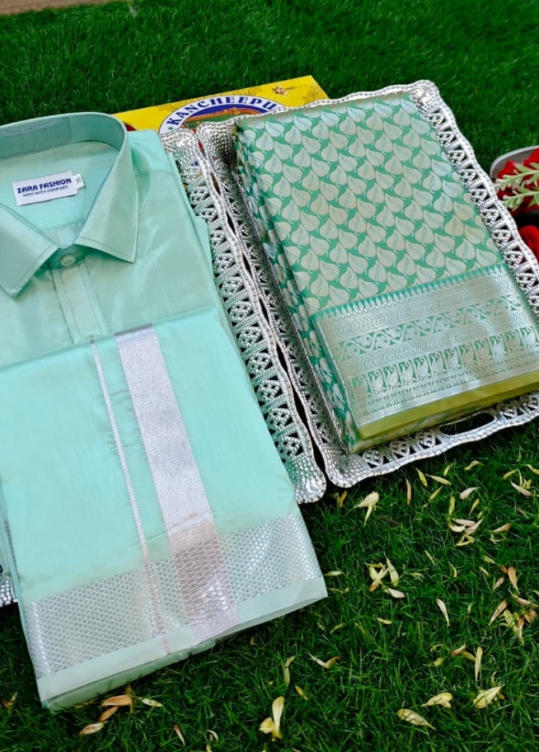 Elegant Silk Dhoti Shirt & Saree Couple Combo coordinated look for special occasions - REXONA (2)