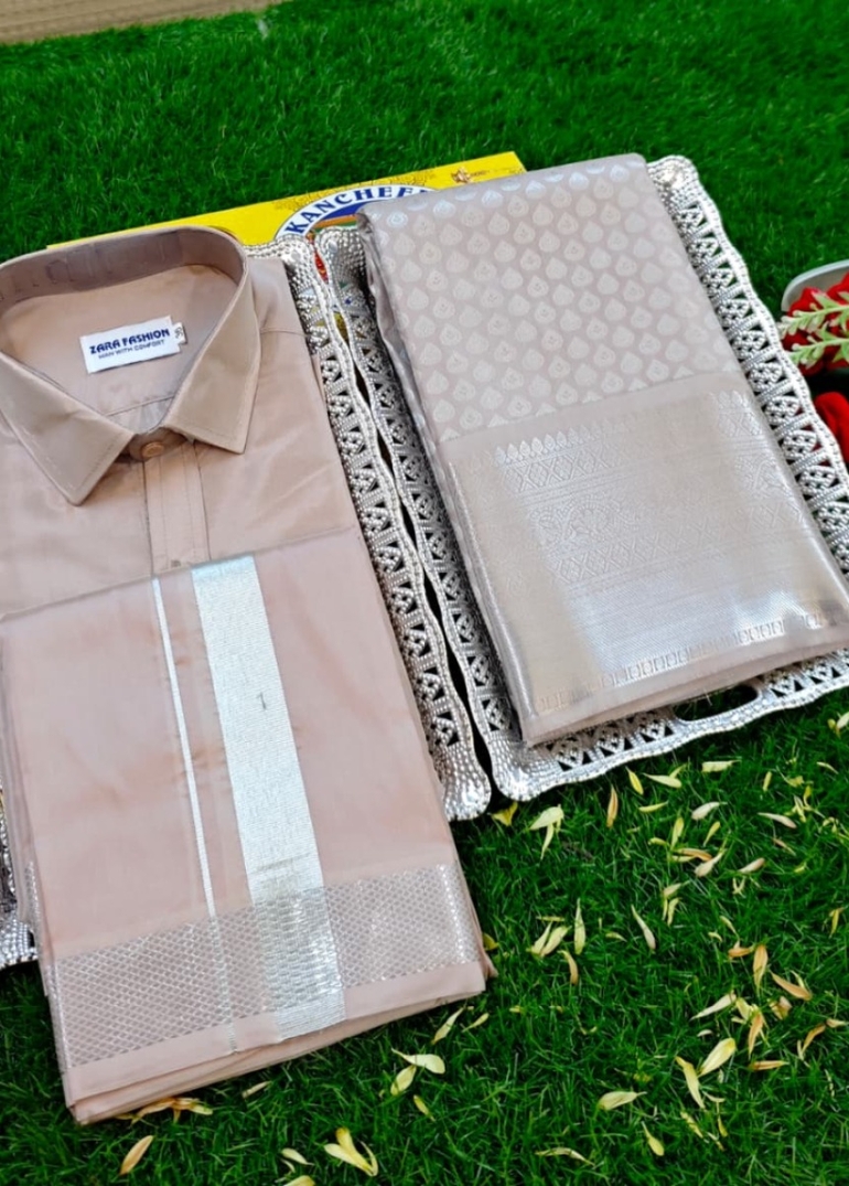 Elegant Silk Dhoti Shirt & Saree Couple Combo coordinated look for special occasions - CHOCOLATE COLOR (2)