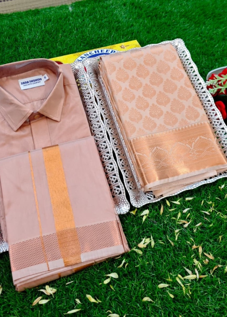 Elegant Silk Dhoti Shirt & Saree Couple Combo coordinated look for special occasions - CREAM COLOR (2)