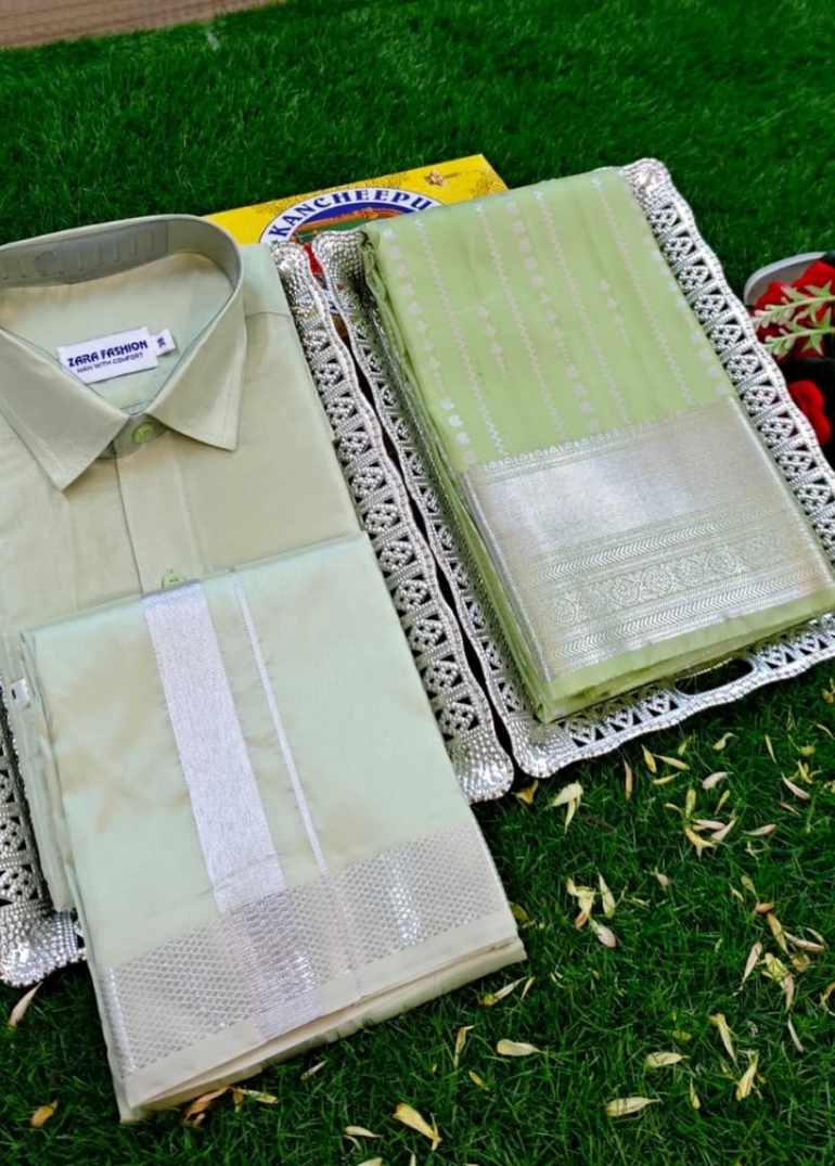 Elegant Silk Dhoti Shirt & Saree Couple Combo coordinated look for special occasions - LIGHT GREEN (2)