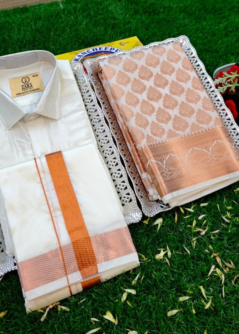 Elegant Silk Dhoti Shirt & Saree Couple Combo coordinated look for special occasions - BEIGE COLOUR (2)