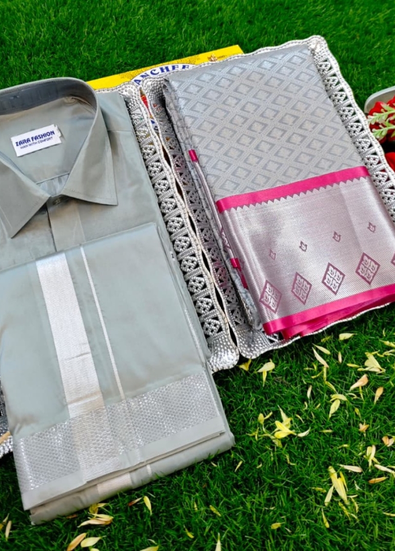 Elegant Silk Dhoti Shirt & Saree Couple Combo coordinated look for special occasions - GRAY (2)