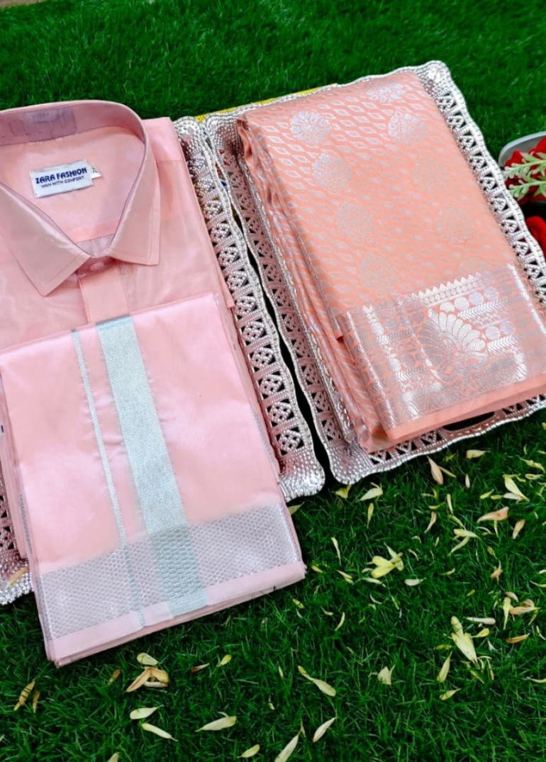 Elegant Silk Dhoti Shirt & Saree Couple Combo coordinated look for special occasions - BABY PINK (2)