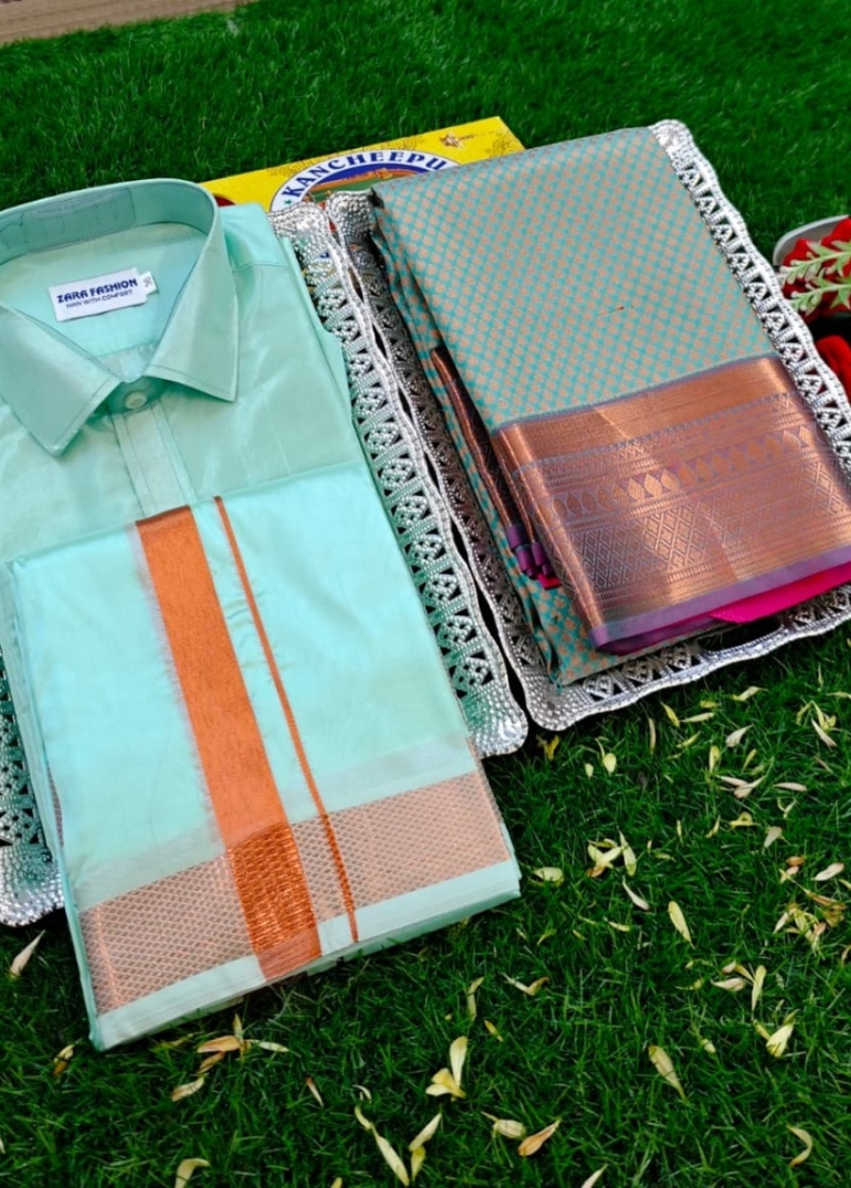 Elegant Silk Dhoti Shirt & Saree Couple Combo coordinated look for special occasions - REXONA (3)