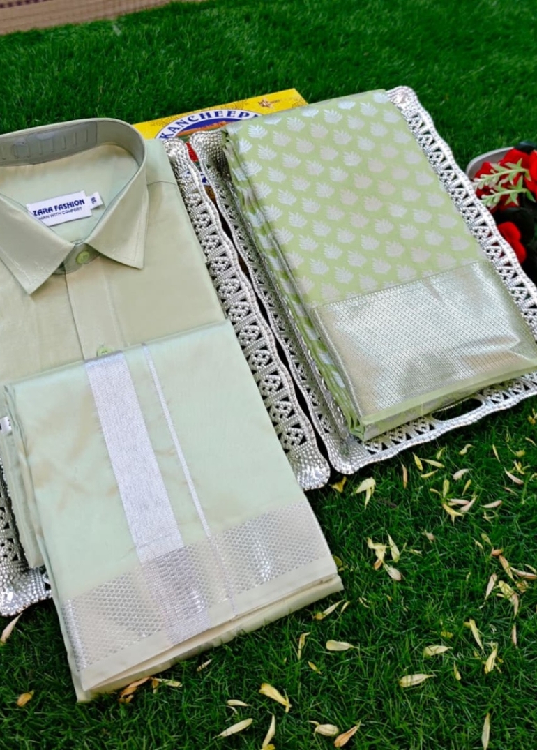 Elegant Silk Dhoti Shirt & Saree Couple Combo coordinated look for special occasions - LIGHT GREEN (3)