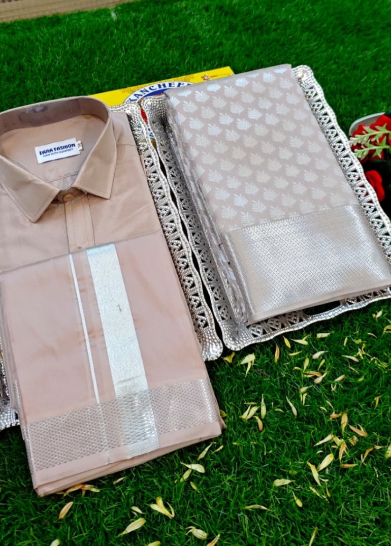 Elegant Silk Dhoti Shirt & Saree Couple Combo coordinated look for special occasions - CHOCOLATE COLOR (3)